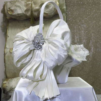 Flower Girl Basket - 10" oval satin silk & lace