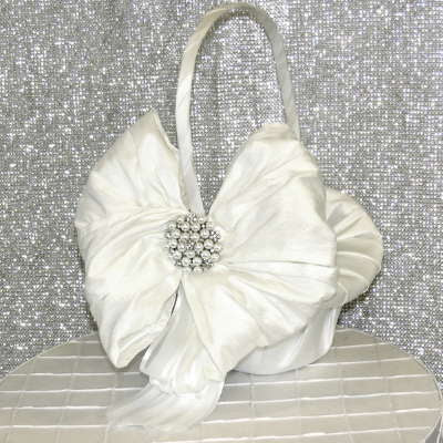 Flower Girl Basket - 10 " oval ivory satin, silk and pearls