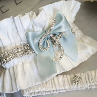 Bridal Garter Set with Silk and Crystal Initial