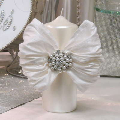 Pillar Candle With Silk Bow and Crystal and Pearl Brooch