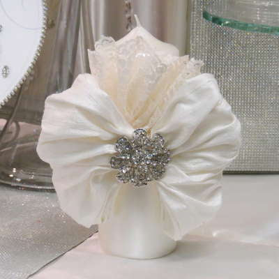 Pillar Candle With Silk and Lace Bow and Crystal Brooch
