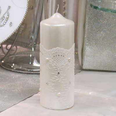Pillar Candle Wrapped in Lace with Crystals and Pearls