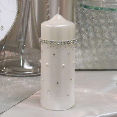 Pillar Candle Wrapped in Tulle with Crystals and Pearls