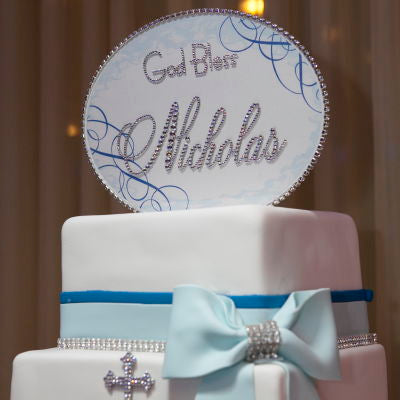Cake Topper Swarovski Plaque - Oval Horizontal Soft Edge Flourishes God Bless w/ Personalization