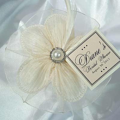 CRF Margherita Plisse Large Pearl + Rhinestone Accent with Organza Ruffle, Feather + Personalized Card