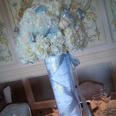 Personalized Cylinder Vase Centerpiece w/ Hydrangea & Roses Rental
